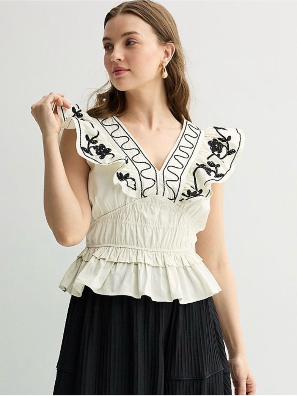 Cream Peplum Blouse with Black Embroidered Ruffle Trim